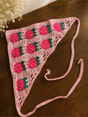 Handmade Pink Crochet Strawberry Bandana